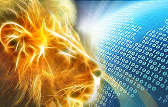 Fractal digital-art illustration of a lion's head in profile, glowing gold and electric blue, facing a globe made of streaming binary code